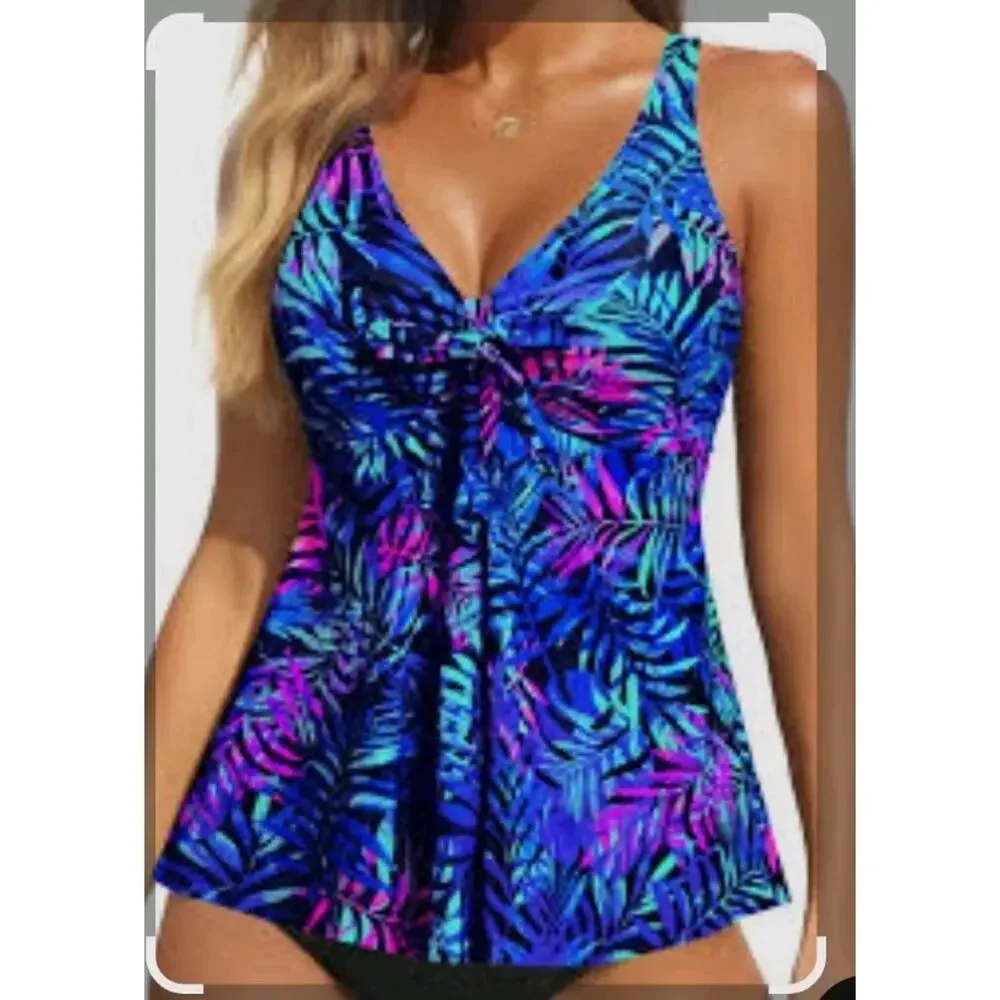 Yonique Tankini Swim Top Leaf Print Adjustable Straps Xl Blue Pink Coastal Beach